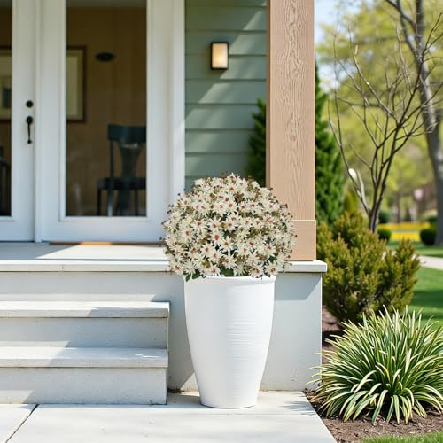 24” Artificial Flowers for Outdoors, Set of 2- UV Resistant Look Real Faux White Mums with Cement Pots, Realistic Fake Plastic Plants for Front Porch Planter Entryway Indoor Decor - color: Daisy Cream White