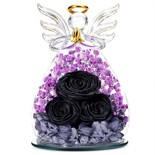 Beferr Gifts for Mom Birthday Gifts for Women, Fresh Flowers for Delivery Forever Preserved Rose in Glass Angel Figurine, Anniversary Christian Real Rose for Grandma Wife Mother from Daughter Son - color: O Black & Purple