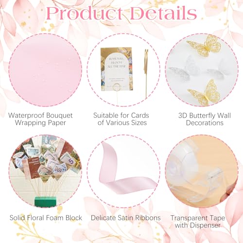 Flower Bouquet Wrapping Accessories DIY Money Bouquet Kit with 5 Floral Wrapping Paper 40 Card Holder 24 Butterfly Decor Floral Foam Block Ribbon Tape Dispenser for Mother's Day Graduation Anniversary