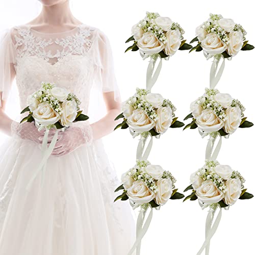 6.5 Inch Bridesmaid Bouquet Set of 6, Ivory Wedding Bouquets for Bridesmaids, Small Bridesmaid Bouquets for Wedding, Artificial Wedding Bouquet Flower, Floral Wedding Centerpieces - color: 6pcs Milk White Bouquets