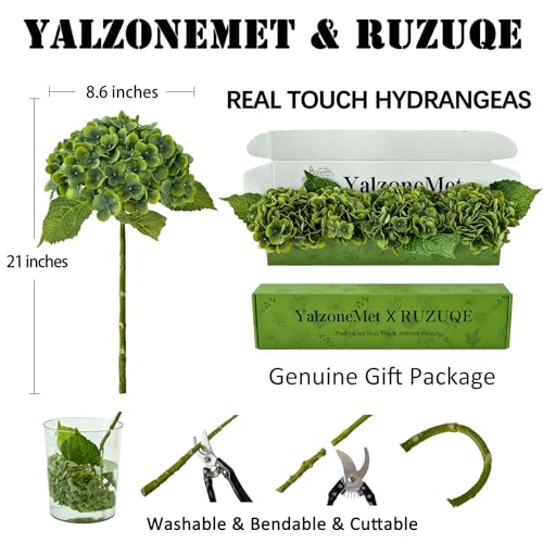 YalzoneMet 4Pcs Dark Green Real Touch Hydrangea Artificial Flowers 21'' Faux Latex Hydrangea Flowers for Fall Table Centerpieces Fake Flowers for Home Kitchen Living Room Boho Decor - color: Dark Green