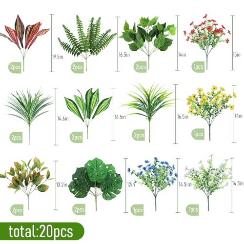 20 Bundles Artificial Plants Outdoor with Colorful Flower UV Resistant Fake Greenery Shrubs Realistic for Porch Patio Window Box Garden Planter Outside Home Decor - color: Red Yellow Blue White, size: 20