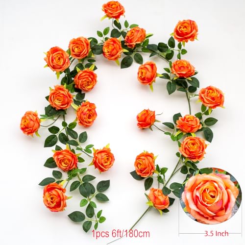 Bendable Artificial Flower Garland Faux Rose Vine Hanging Floral Garland for Wall Decor Trellis Fence Home Room Garden Wedding Decoration(Orange, 1pcs) - color: Orange, size: 1pcs