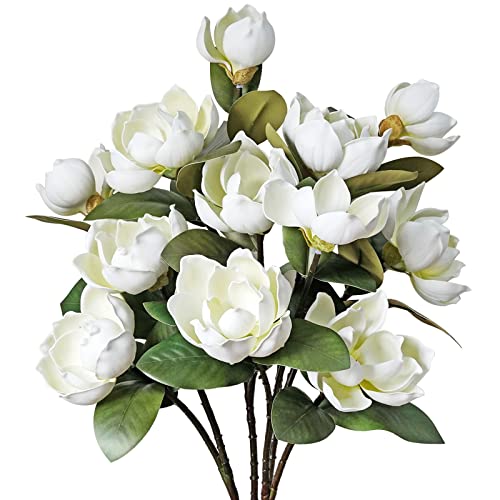 LIUCOGXI 4 Pcs Vintage 12 Heads Artificial Magnolia Flower Foam Long Stem Flower Bouquet with Green Leaves Arrangement for Home Living Room Wedding Bridal Bouquet Bedroom Floor Vase Decoration - color: 4 Pcs White Magnolia