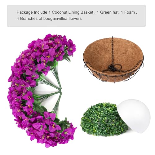 Artificial Fake Hanging Flowers Plants Basket for Outdoors Spring Summer Decor, Faux Silk Bougainvillea in Planter Look Real UV Resistant Faux Flower for Outside Porch Patio Garden Home Decor, Purple - color: Purple-new