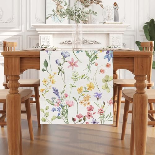 Watercolor Flowers Spring Table Runner Farmhouse Spring Summer Easter Flower Floral Home Kitchen Dining Room Table Decorations 13x120 Inch - size: Table Runner,13" x 120"