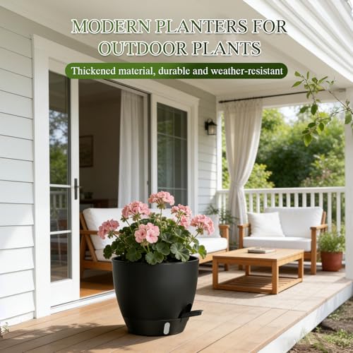 Self Watering Pots with Drainage Holes, 2 Pack 8 Inch Plant Pots with Water Level Indicator Deep Reservoir, Large Plastic Planter for Indoor Outdoor Plants - Black - color: Black, size: 8 Inch 2 Pack
