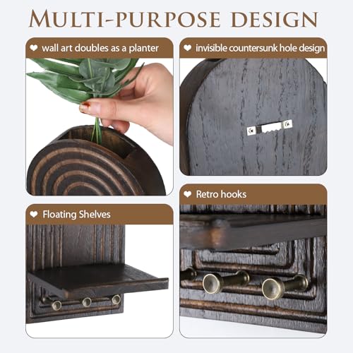 3-in-1 Wooden Wall Organizer - Planter Vase + Candle Sconces + Hooks (No Dried Flower)- Farmhouse Hanging Decor Boho Wall Art for Indoor Plants Artificial Eucalyptus for Living Room Bedroom Brown - color: Brown