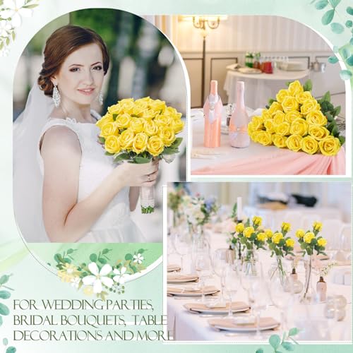 Hotop 80 Pcs Rose Artificial Flowers Bulk with Long Stem, Silk Roses Realistic Fake Flowers Bouquet for Wedding Table Centerpieces Bridal Shower Party Home Decorations(Yellow) - color: Yellow