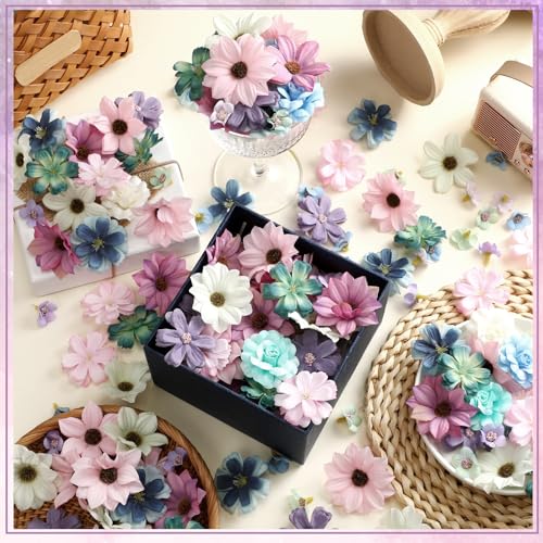 Cindeer 217 Pcs Mini Silk Flower Heads Bulk, Small Fake Flowers for Crafts Artificial 3D Loose Fabric Flower for Crafts DIY Wedding Party Hair Cap Dresses Decorations(Blue Purple Series) - color: Blue Purple Series