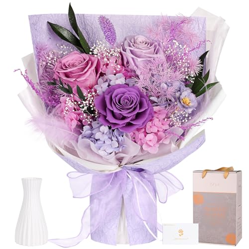 Preserved Bouquet of Flowers - 3 Roses & Flowers for Delivery, Long-Lasting Real Lavender Forever Flowers, Mothers Day Gifts for Mom Grandma Wife, Anniversary Birthday Gifts for Women - color: Purple