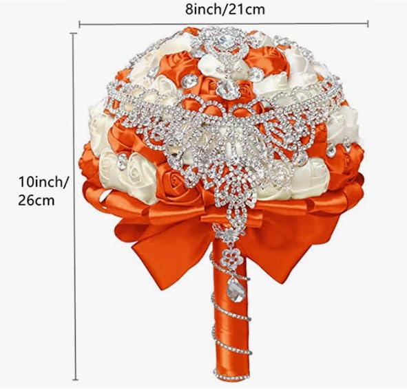 Handmade Luxury Wedding Bridal Bouquet Large Silk Rose Holding Toss Artificial Flowers Bouquets with Satin Ribbon Pearls Rhinestone for Bride Vintage Royal Wedding Bouquet (Orange+Ivory) - color: Orange+ivory