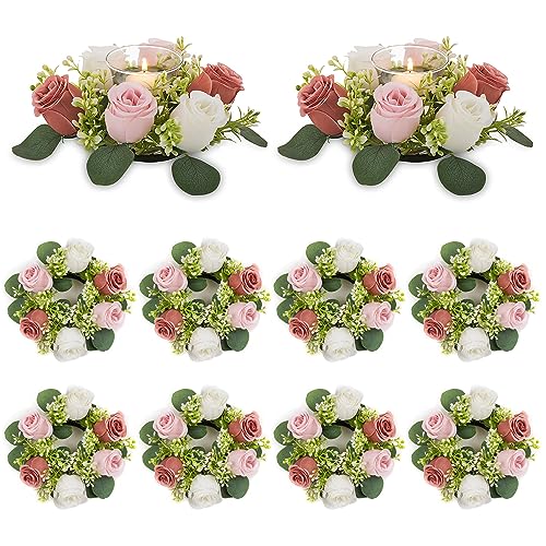 NUPTIO Small Flower Rings for Centerpieces: 9.05 Inch Dusty Rose & White Candle Rose Wreath 10 Pcs for Wedding Party Christmas Decorations - Spring Summer Front Door Porch Decor - color: Dusty Rose & White, size: Dia 9.05"-10pcs