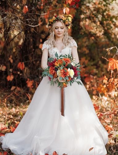 CherishedMoments Bridal Wedding Bouquet,18 Inch Burnt Orange Artificial Flowers Bridal Cascading Bouquets, Vintage Fall Wedding Bouquets for Wedding Ceremony and Anniversary - color: Burnt Orange