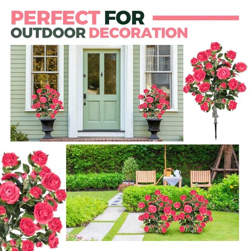 Lunmon 2 Pack 3ft Artificial Camellia Plants Tree 36" Faux Camellia Flower with Spike UV Resistant Realistic Fake Floral Blooming Bush for Indoor Outdoor Front Door Porch Backyard Garden, Rose Pink - color: Rose Pink, size: 3 ft