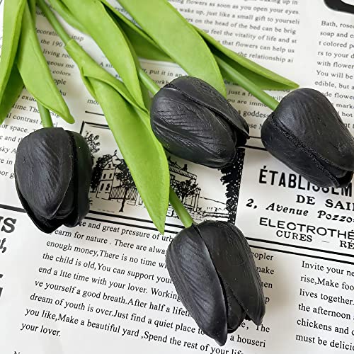 UKELER 24 Pcs Black Flowers Tulip Artificial Flowers Real Touch PU Tulip Flowers for Home Decorations Centerpieces Arrangement Wedding Bouquet - color: Black