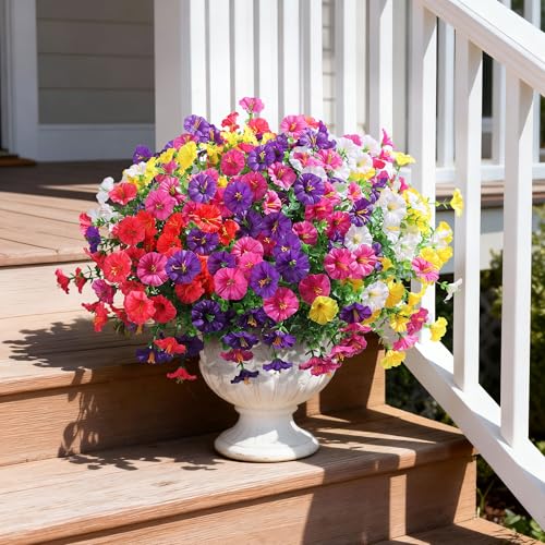 Ivydale 24 Bundles Artificial Flowers for Outdoors Spring Plants Outdoor Decor, Faux Silk Morning Glory Fake Flowers Bulk Petunias Realistic UV Resistant for Outside Porch Patio Window Garden Yard - color: 6colors Mixed