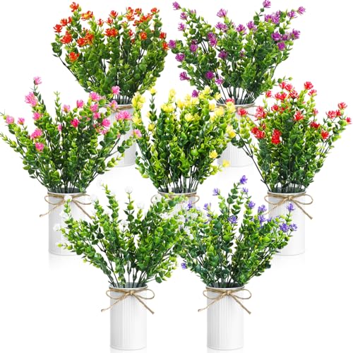 Riceshoot 7 Potted Artificial Small Wildflower Eucalyptus Table Centerpiece Decoration with Metal White Pots 17'' Tall Colorful Summer Flower Spring Fake Floral Mixed Blooms Vase Home Wedding Decor