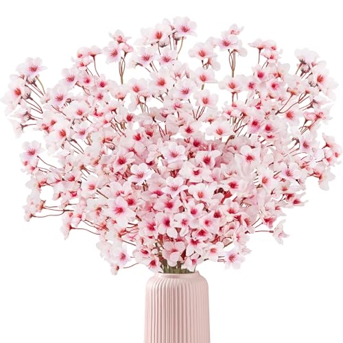 16PCS Artificial Cherry Blossom Flowers, 15.7" Fake Pink Peach Flowers Slik Faux Cherry Blossom Stems Flower Boquet for Home Vase Wedding Party Spring Decoration - color: Pink, size: 16