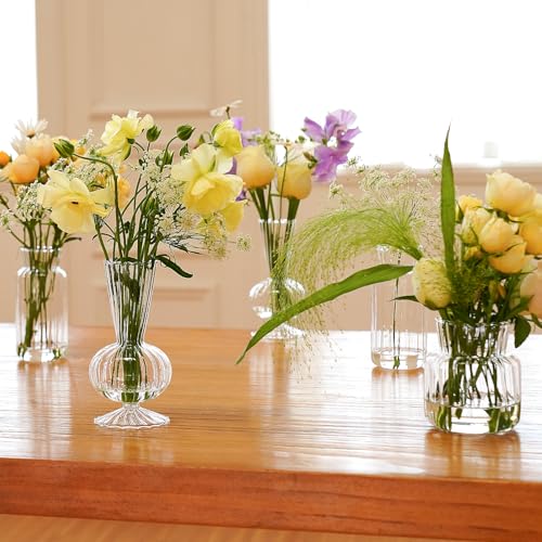 12 Pcs Ribbed Glass Bud Vases Set, 4 Styles Clear Small Flower Vases in Bulk, Roman Column Vertical Ribbed Design for Wedding, Home Decor, Table Centerpieces, Party