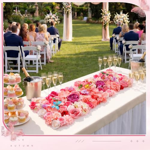 Breling 40 x 14 Inch Artificial Flower Floral Tea Party Table Runner Spring Pink Floral Wonderland Party Decoration Pink Flower Table Centerpiece Afternoon Tea Decor for Spring Bridal Wedding Birthday