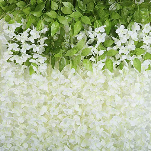 U'Artlines 24 Pack (Total 86.4 Feet) Artificial Fake Wisteria Vine Rattan Hanging Garland Silk Flowers String Home Party Wedding Decor (24, White) - color: White