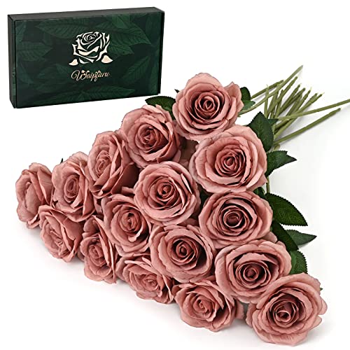Waipfaru 16 Pcs Artificial Flowers Fake Silk Dusty Roses, Faux Real Touch Roses Bouquet with Long Stem for Wedding Party Home Decor (Dusty Rose) - color: B-dusty Rose, size: 16 Pcs