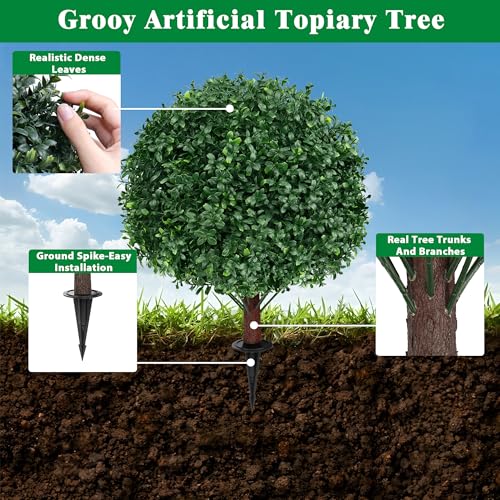 Grooy Artificial Boxwood Topiary Ball Tree with Ground Spike, Set of 2 Artificial Shrub Bushes, Fake Evergreen Tree for Porch, Artificial Plants for Outdoor Planters Indoor UV Resistant - color: Boxwood