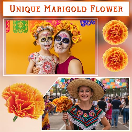 Syhood 50 Pcs Mexican Marigold Flower Bulk Decorations Flores Artificiales Fiesta Party Decorations for Mexican Backdrop Party Floral with Stems DIY Marigold Garland - color: Gradient