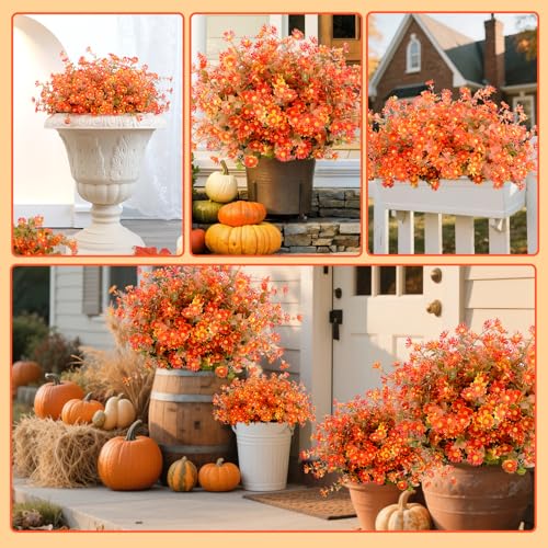12 Bundles Artificial Fake Mums for Outdoors No Fade Fake Plants, UV Resistant Faux Plastic Fall Flowers for Home Planters Porch Garden Patio Window Box Yard Autumn Decor(Fall Red) - color: Orange, size: 12 Bundles