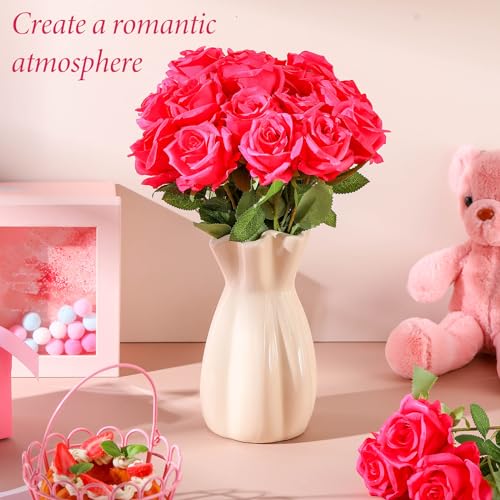 Hotop 20 Pcs Artificial Rose Flowers with Long Stem,Real Lifelike Silk Realistic Plastic Bouquet Roses Bulk for Home Decor Bridal Wedding Party Table Centerpieces Decorations(Hot Pink) - color: Hot Pink