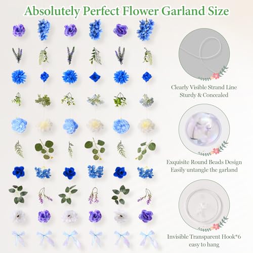 Livole 6Pcs 36Ft Hanging Flower Garland with Bow Wildflower Garlands Backdrop Silk Artificial Fake Floral Vines for Wedding Bridal Party Birthday Arch Wall Home Garden Decor(Blue) - color: Blue, size: 6Pcs