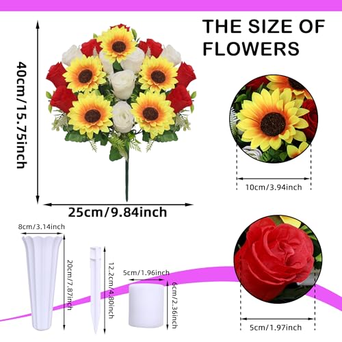 Lodou Artificial Cemetery Flowers for Grave,Set of 2 Artificial Rose Sunflower Bouquet Graveyard Memorial Flowers for Outdoor Grave Decorations ﻿ (Red White) - color: Red White