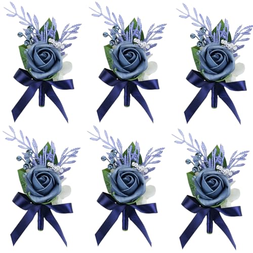 6Pcs Blue Artificial Foam Rose Boutonnieres for Men Wedding Prom | Fake Foam Rose Boutonniere for Wedding Prom Groom Groomsman Homecoming Party Ceremony Anniversary Suit Decoration - color: 6pcs Blue Boutonniere