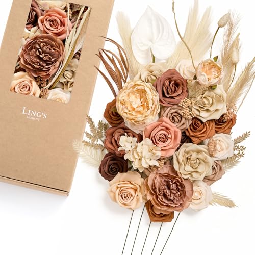 Ling's moment Fake Flowers Box, Faux Artificial Greenery Stems Foam Roses Anthurium Silk Peonies Pampas Fabic Flower for Centerpieces Bouquet Wedding Vase Decorations, Boho & Sepia, Deluxe Combo - color: Beg-boho & Sepia, size: Deluxe