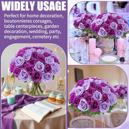 36 Pcs Lilac, Purple Artificial Roses with Long Stems, Fake Silk Rose Artificial Flowers Bulk for Bridal Wedding Bouquet Centerpiece Ball Arrangement Party Decor - color: Lilac, Purple
