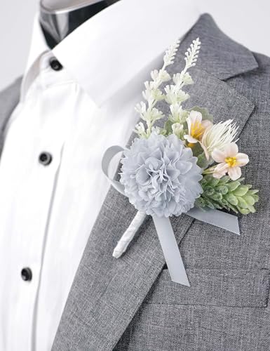 Alizeal 2Pcs of Wrist Corsage and Boutonniere Set, Artificial Flowers Accessories Suit Decor for Wedding Prom Party Homecoming Ceremony, Blue Gray - color: Blue Gray