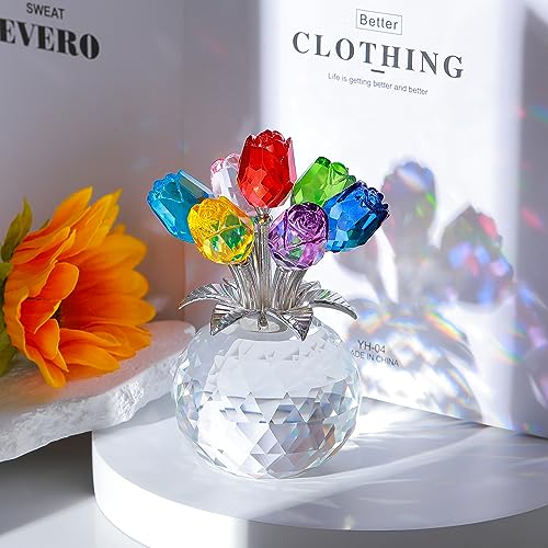 Colorful Rose Flower Crystal Figurine with Vase, Bouquet Flowers Ornament Gifts for Wife Girlfriend Women, Handmade Crystal Flower Collectible Home Table Decor for Valentine's Day Wedding Anniversary - color: Colorful-crystal Rose