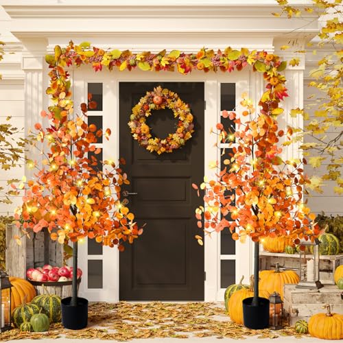4ft Fall Light up Tree Lighted Eucalyptus Tree Artificial Autumn Ficus Fall Thanksgiving Decor Artificial Faux Plant Trees Decor for Party Porch Fireplace Front Door Outdoor Indoor Decoration - color: Orange