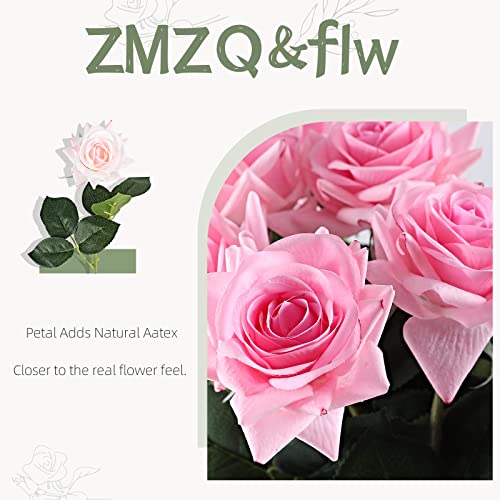 ZMZQ&flw 12PCs Artificial Roses, Real Touch Silk Flowers, Realistic Single Fake Flower with Stems Leaves for Wedding Table Bouquet Home Decor DIY, Light Pink - color: Light Pink 12pcs