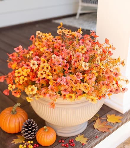 HyeFlora Artificial Fall Flowers Faux Mums for Outdoor Indoor Garden Home Decoration, Faux Flower Daisy with Eucalyptus Leaves Fake Mums Plants Greenery Boxwood Porch Patio, 12 Bundles - color: F Orangeyellow