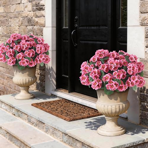 GLIDLION 12 Bundles Artificial Geranium Flowers for Spring Summer Decor, UV-Resistant Fake Plants Realistic Faux Silk Bouquets for Front Door Farmhouse Garden Porch Home Outdoor Decor (Peach Pink) - color: Peach Pink