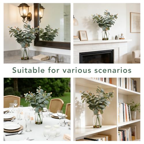 15.74” Artificial Eucalyptus Stems in Glass Vase with Faux Water & Natural Stones, Lifelike Fake Greenery for Modern Farmhouse Home Decor, Bathroom Decor, Office Desk Centerpiece - color: Sl-0976