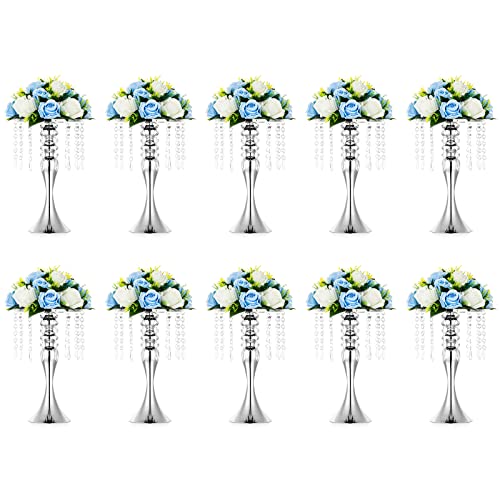 Nuptio 10 Pcs Silver Wedding Centerpieces Flower Stand, 13.8in Tall Artificial Flower Arrangements, Crystal Metal Vase Flower Holders Centerpiece for Wedding Anniversary Ceremony Party Hotel Decor - color: Silver, size: 10 x M