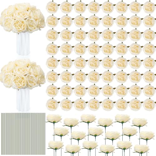Suncalla 80 Pack Austin Rose Peonies, 3.94 Inch Artificial Flowers Heads Bulk with Stems Leaves for Arrangement Wedding Centerpiece Banquets Party Home Kitchen Decor DIY(Light Champagne) - color: Light Champagne