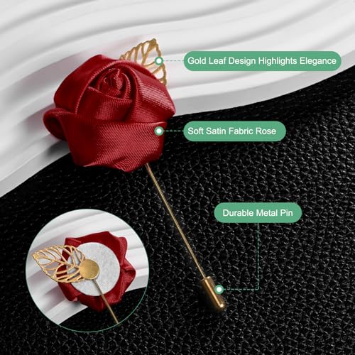 M METERXITY 48-Pack Flower Lapel Pins for Men, Golden Leaf Rose Boutonnieres Pin Groom Boutonnieres for Wedding/Dance/Party, Men Lapel Pins for Suits Satin Flower Corsage [Wine Red] - color: Wine Red