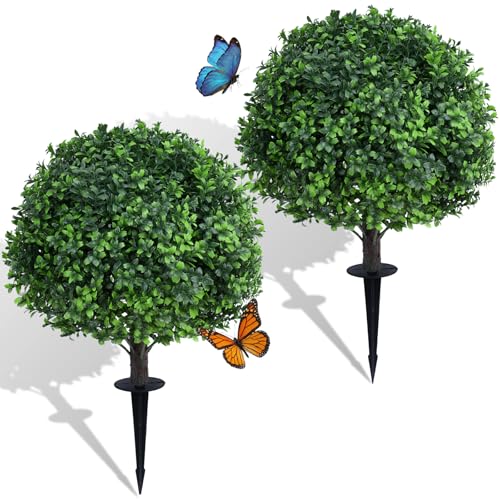 Dense Leafy Artificial Boxwood Topiary Ball Trees 24 Inch, Set of 2 Fake Plants Outdoor with Ground Spike, UV Resistant Faux Boxwood Bushes for Garden Patio Front Porch Decor - color: Boxwood