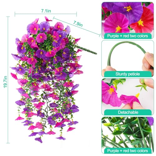 4PCS Artificial Morning Glory Vines Summer Hanging Flowers for Outdoor with Eucalyptus Leaf, Silk Flowers for Outside Home Garden Patio Decor - color: Green,fuchsia,rose Red,purple