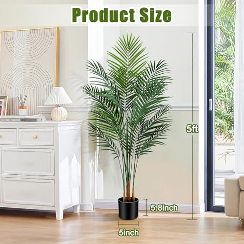 Artificial Palm Tree Indoor 5ft, Large Fake Tropical Areca Palm Tree with 13 Trunks, Faux Dypsis Lutescens Floor Plant in Pot for Indoor Outdoor Home Office Decor & Housewarming Gift - size: 5ft