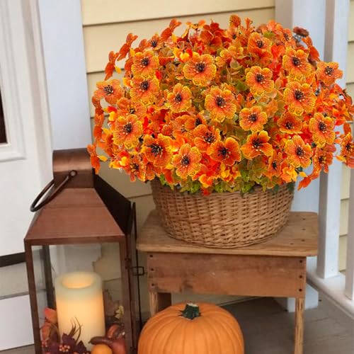 Artificial Fall Flowers for Outdoors,Faux Silk Flowers Fall Decorations,Fake Mums Eucalyptus Plants Christmas Halloween Decor for Outdoor Patio,Window Planter Autumn Fall Decor(10PCS,Orange) - color: 3(aut+gc)